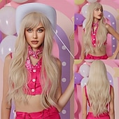 voordelige Synthetische trendy pruiken-zwarte pruik met pony voor vrouwen lang golvend haar pruik zwarte pruik krullend golvend synthetische pruiken voor meisjes dagelijks feestgebruik