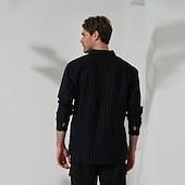cheap Luxury Linen Shirts-100% Linen Men&#039;s Shirt Linen Shirt Button Up Shirt Black Navy Blue Long Sleeve Stripes Lapel Spring &amp;  Fall Outdoor Daily Clothing Apparel
