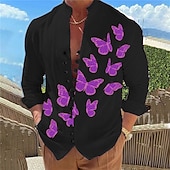 economico Uccelli &amp; Animali-Per uomo Farfalla Camicia Manica lunga Informale Da tutti i giorni Per uscire Fine settimana Primavera estate Colletto Mao Stampa Bottone giù Nero Bianco Blu Viola Fucsia
