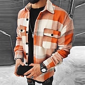 cheap Men&#039;s Shirt Jacket-Men&#039;s Plaid Geometric Pattern Shirt Jacket Overshirt Long Sleeve Fashion Going out Weekend Fall &amp; Winter Turndown Print Pink Blue Sky Blue Vivid Pink Orange
