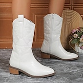 levne Cowboy &amp; Western Boots-dámské stylové bílé kovbojské boty do půli lýtek s vyšívanými detaily pro neformální a westernové outfity
