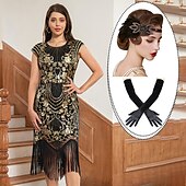 olcso Öltözetek-szett midi flapper ruha toll fejpánt bársony hosszú opera kesztyű 3 db női ordító 20-as évek 1920-as évek ruhái koktél gatsby flapper lány maskarás parti jelmezek