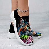 abordables Baskets femme-Femme Basket Slip-Ons Imprimer des chaussures Chaussures Flyknit Chaussures de confort Extérieur du quotidien Chat Talon Plat Mode Décontractées Tissage Volant Jaune Rose Bleu