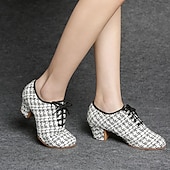 abordables Chaussures de danses latines-Chaussures de danse latine en tweed pour femmes – Chaussures à talons à lacets avec semelle en daim pour danseuses professionnelles