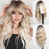 voordelige Synthetische trendy pruiken-zwarte pruik met pony voor vrouwen lang golvend haar pruik zwarte pruik krullend golvend synthetische pruiken voor meisjes dagelijks feestgebruik