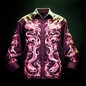 abordables Patrón 3D-Hombre Fuego Camisa Abotonar la camisa Manga Larga Artístico Abstracto Ropa Cotidiana Noche Otoño invierno Cuello Vuelto Estampado Abotonar Morado Fucsia Verde Trébol