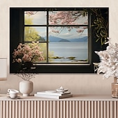 abordables Impresiones de Paisajes-Paisaje pared arte lienzo ventana falsa primavera flores de cerezo impresiones y carteles fotos tela decorativa pintura para sala de estar fotos sin marco
