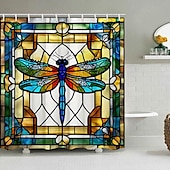 お買い得  シャワーカーテン-フック付きシャワーカーテン 180cm*180cm(70&quot;*70&quot;) ポリエステル 洗える防水ステンドグラストンボパターン バスルームデコ