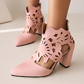 cheap Ankle Boots-Women&#039;s Black Cutout Block Heel Pumps – Stylish Pointed Toe Shoes with Floral Design for Parties or Evening Wear