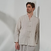 baratos camisas de linho de luxo-100% Linho Bolsos Homens Camisa Social camisa de linho Preto Branco Azul Escuro Manga Longa Tecido Colarinho Clerical Primavera &amp; Outono Ao ar livre Diário Roupa