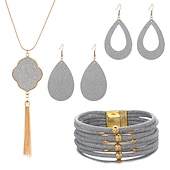 abordables Accesorios usables-Conjunto de joyería de cuero, aleación de polvo de oro, collar, pendientes, collar, pulsera, conjunto combinado