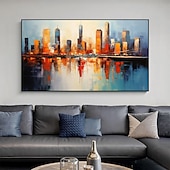 cheap Landscape Paintings-Handmade Original City Landscape Oil Painting On Canvas Wall Art Decor Coastal Building Painting for Home Decor With Stretched Frame/Without Inner Frame Painting