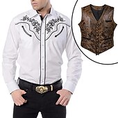 cheap Wild West-Set with West Cowboy Shirt PU Waistcoat Vest Men&#039;s 2 PCS Outfits Long Sleeve Casual Button Down Shirt Retro Vintage Party Carnival Cosplay Costume