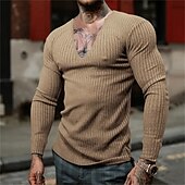 cheap Basic T shirts-Men&#039;s T Shirt Knit Tee Tee Top Long Sleeve Shirt Long Sleeve V Neck Spring &amp;  Fall Plain Pit Strip Fashion Designer Basic Vacation Street Going out Wine Black Blue Top Tee for Men