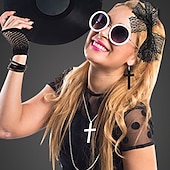 levne Nositelné příslušenství-80s ples party černá rybářská síť rukavice kříž náhrdelník náramek krajka čelenka set