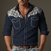 cheap Men&#039;s Button Up Shirts-Men&#039;s Shirt Button Up Shirt Casual Shirt Western Shirt Black White Navy Blue Long Sleeve Plaid Color Block Lapel Daily Vacation Splice Clothing Apparel Fashion Casual Comfortable