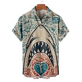 billige Ocean Print-Herre Hai Tropisk Skjorte Hawaii skjorte Aloha skjorte Kortermet Skjorte Aftæpning Fritid utendørs Gate Fritid / hverdag Rosa Rød Blå S M L