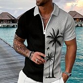 Men's Palm Tree Hawaiian Polo Shirts Golf Shirt Short Sleeve Polo Shirts Collared Shirts Casual Beach Wear Vacation Wear Tropical Wear Party Outfits 3D Print Quarter Zip Polo Spring & Summer Blue Gray4