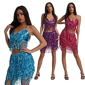 abordables Costumes de danse-Femme Danseur Danse du ventre Danse Spectacle Costume de danse du ventre Robe de boîte de nuit Brille &amp; Scintille Polyester Argent Bleu Clair Noir Haut Jupe