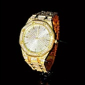 cheap Quartz Watches-3pcs/set HipHop Mens Rhinestone Watch &amp; Necklace &amp; Bracelet Set, Christmas Gift