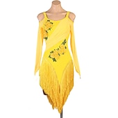 cheap Competition Dress-Dance Salsa Latin Dance Dress Rhinestone Tassel Women&#039;s Performance Training Long Sleeve High Spandex Tulle