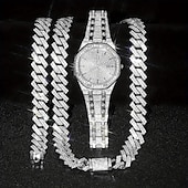 cheap Quartz Watches-3pcs/set HipHop Mens Rhinestone Watch &amp; Necklace &amp; Bracelet Set, Christmas Gift