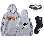 economico Magliette e felpe grafiche con cappuccio-set con roronoa zoro felpa oversize con cappuccio e bracciale in pu calzini 3 pezzi abiti one piece scimmia d. stampe grafiche anime rufy che stampano stile harajuku per uomo, donna, adulto, unisex,