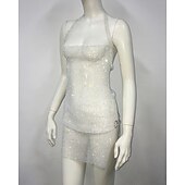 cheap Sexy Costumes-Metallic Sparkle Sexy Mini Dress Sheer Mesh Rhinestone Cover Up Disco Solid Color Women&#039;s Party Club Adults&#039; Dress Summer Spring