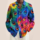 economico Geometrica-Per uomo Color Block Geometrica Piume Camicia Camicia con bottoni Manica lunga Hawaiano Artistico Da mare Casual / quotidiano Fine settimana Primavera estate Collo ripiegabile Stampa Bottone giù Blu
