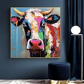 cheap Animal Paintings-Hand-painted Colorful Cow Painting on Canvas Palette Knife Heavy Textured Painting Square Wall POP Art Farmhouse Cattle Artwork Gift No Frame