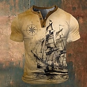 Men's Graphic Ship T shirt Henley Shirt Short Sleeve 3D Print Fashion Retro Vintage Classic Sports Outdoor Holiday Going out Spring & Summer Blue Brown Army Green Gray Henley Henley T-Shirt 7