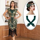 olcso Öltözetek-szett midi flapper ruha toll fejpánt bársony hosszú opera kesztyű 3 db női ordító 20-as évek 1920-as évek ruhái koktél gatsby flapper lány maskarás parti jelmezek