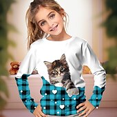 abordables Animaux 3D de Fille-Saint Patrick Fille 3D Plaid Chat Tee-shirts Chemise manche longue 3D effet Printemps Automne Actif Mode Le style mignon Polyester Enfants 3-12 ans Col Ras du Cou Extérieur Casual du quotidien
