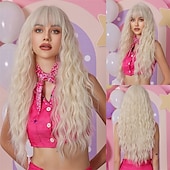 voordelige Synthetische trendy pruiken-zwarte pruik met pony voor vrouwen lang golvend haar pruik zwarte pruik krullend golvend synthetische pruiken voor meisjes dagelijks feestgebruik
