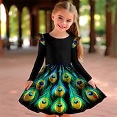 cheap 3D Shining Vision Dress-Girls&#039; 3D Feathers Ruffle Dress Long Sleeve 3D Print Fall Winter Sports &amp; Outdoor Daily Holiday Cute Casual Beautiful Kids 3-12 Years Casual Dress A Line Dress Above Knee Polyester Regular Fit