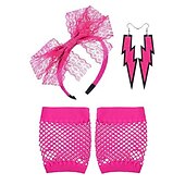 cheap Wearable Accessories-1980 Neon Ball Party Lace Headband Hair Hoops Neon Lightning Earrings Mesh Gloves Jewelry Set
