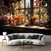 Недорогие пейзаж гобелен-цветы на окне настенный гобелен настенное искусство большой гобелен фреска декор фотография фон одеяло занавеска для дома спальня гостиная украшения