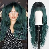 voordelige Synthetische trendy pruiken-zwarte pruik met pony voor vrouwen lang golvend haar pruik zwarte pruik krullend golvend synthetische pruiken voor meisjes dagelijks feestgebruik