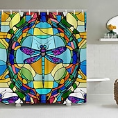 お買い得  シャワーカーテン-フック付きシャワーカーテン 180cm*180cm(70&quot;*70&quot;) ポリエステル 洗える防水ステンドグラストンボパターン バスルームデコ