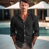 economico camicie di lino di lusso-45% Lino Per uomo Camicia camicia di lino Camicia con bottoni Camicia da spiaggia Nero Bianco Cachi Manica lunga Liscio Bavero Primavera &amp; Autunno Esterno Giornaliero Abbigliamento