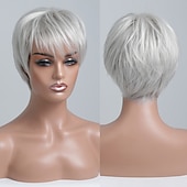 preiswerte Kappenlose Echthaarperücken-Echthaarmischung Perücke Kurz Glatt Natürlich gerade Pixie-Schnitt Seitenteil Stufenhaarschnitt Asymmetrischer Haarschnitt Weiß Braun Cosplay Lockenwickler &amp; Richtmaschine Natürlicher Haaransatz