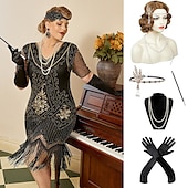olcso Öltözetek-szett midi flapper ruha ujj hullám paróka fejpánt hosszú opera kesztyű nyaklánc cigarettatartó női ordító 20-as évek 1920-as évek flapper lány koktél maszk ruhák a nagyszerű gatsby jelmez