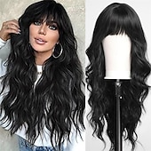 voordelige Synthetische trendy pruiken-zwarte pruik met pony voor vrouwen lang golvend haar pruik zwarte pruik krullend golvend synthetische pruiken voor meisjes dagelijks feestgebruik