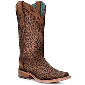 levne Cowboy &amp; Western Boots-dámské kovbojské boty s leopardím vzorem - kožené boty západního stylu po kolena s tyrkysovou podšívkou