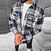 cheap Men&#039;s Shirt Jacket-Men&#039;s Plaid Geometric Pattern Shirt Jacket Overshirt Long Sleeve Fashion Going out Weekend Fall &amp; Winter Turndown Print Pink Blue Sky Blue Vivid Pink Orange