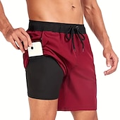 お買い得  男性用水泳パンツ-男性用 ボードショーツ スイムショーツ スイムトランク 日常 ビーチ 高通気性 速乾性 ドローストリング ドローストリング 弾性ウエスト ライナー付き カラーブロック ショート スポーツ カジュアル アクティブウェア ピンク ルビーレッド マイクロエラスティック