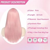 baratos Perucas Sintéticas sem Touca-peruca longa reta rosa com franja para mulheres peruca de 22 polegadas para ryomen sukuna cosplay com tatuagens no rosto peruca de fibra sintética resistente ao calor com touca de peruca hd semelhante