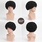 abordables Perruques historiques-Perruque synthétique bouclée avec frange perruque faite à la machine courte noire naturelle #1B cheveux synthétiques pour hommes cosplay douce fête perruques d&#039;Halloween noires