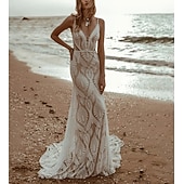  Strand Bruiloft Strand Vintage Open Rug Bruidsjurken Zeemeermin Toppunt V Hals Zonder Mouwen Sweep  Borstel Train Chiffon Bruidsjurken Met Plooien Effen Kleur