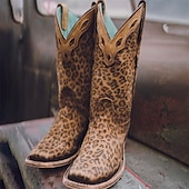 levne Cowboy &amp; Western Boots-dámské kovbojské boty s leopardím vzorem - kožené boty západního stylu po kolena s tyrkysovou podšívkou